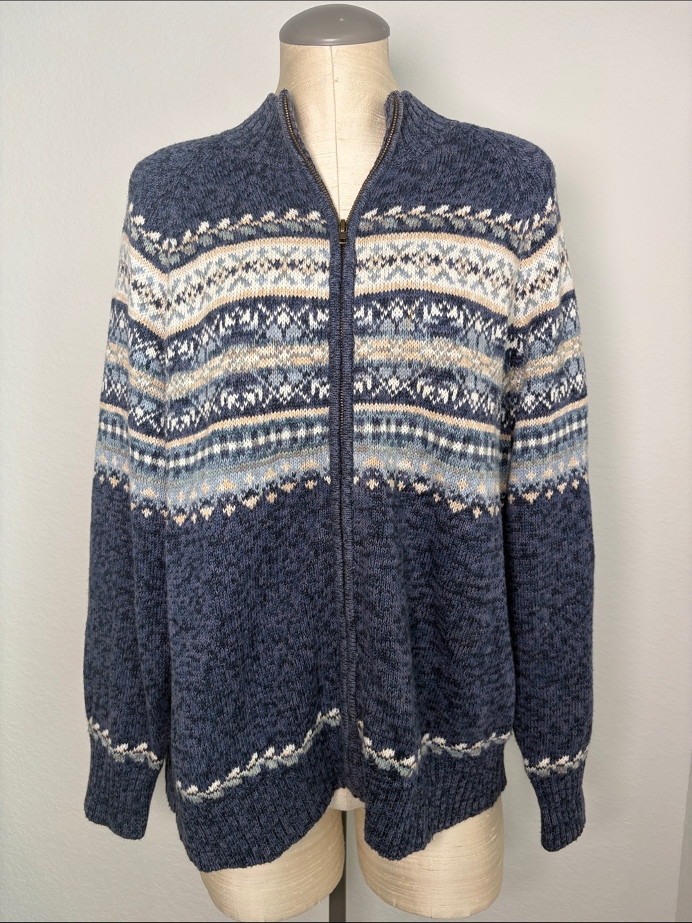 Vintage Y2K Tiara Woman Zip Nordic Fair Isle Navy Cardigan Sweater 22/24